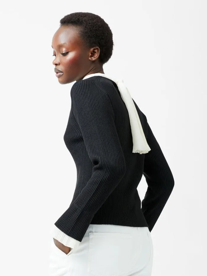 French Connection Jumpers and Cardigans Melody Pleated Bow Long Sleeve Top Blackporcelain Crea 8211 Woman French Connection Jumpers and Cardigans Melody Pleated Bow Long Sleeve Top Blackporcelain Crea 8211 Woman