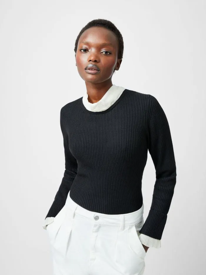 French Connection Jumpers and Cardigans Melody Pleated Bow Long Sleeve Top Blackporcelain Crea 8211 Woman