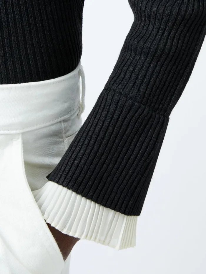French Connection Jumpers and Cardigans Melody Pleated Bow Long Sleeve Top Blackporcelain Crea 8211 Woman
