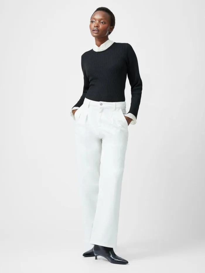 French Connection Jumpers and Cardigans Melody Pleated Bow Long Sleeve Top Blackporcelain Crea 8211 Woman