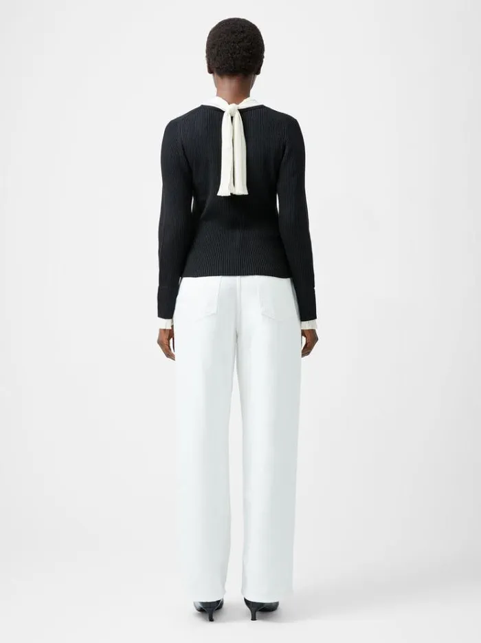 French Connection Jumpers and Cardigans Melody Pleated Bow Long Sleeve Top Blackporcelain Crea 8211 Woman