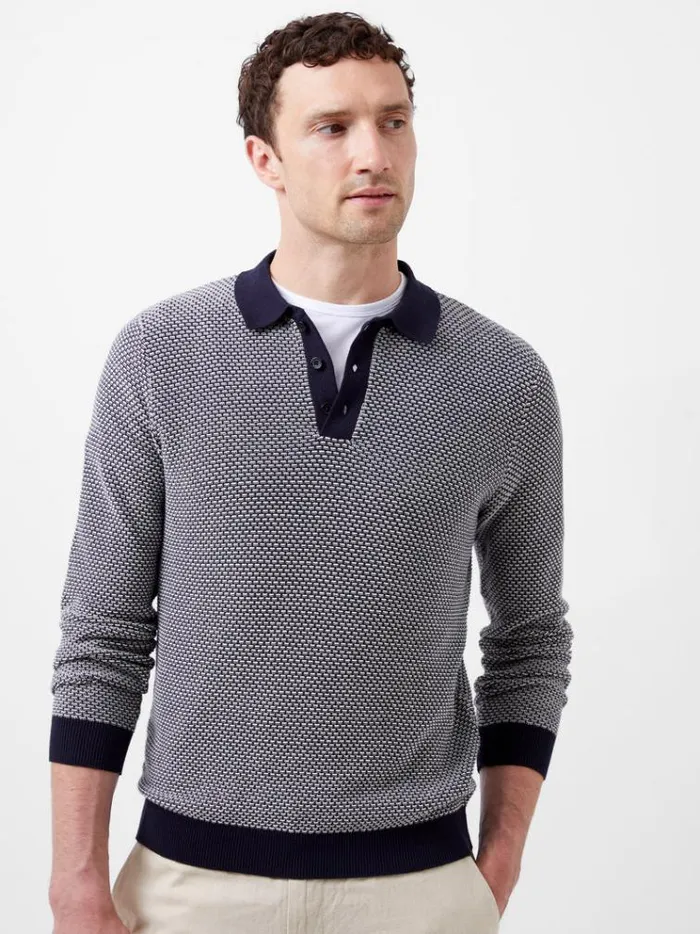 French Connection Knitwear Long Sleeve Jacquard Polo Shirt Marine 8211 Man