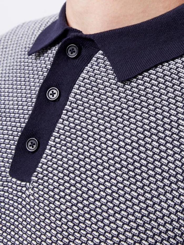 French Connection Knitwear Long Sleeve Jacquard Polo Shirt Marine 8211 Man