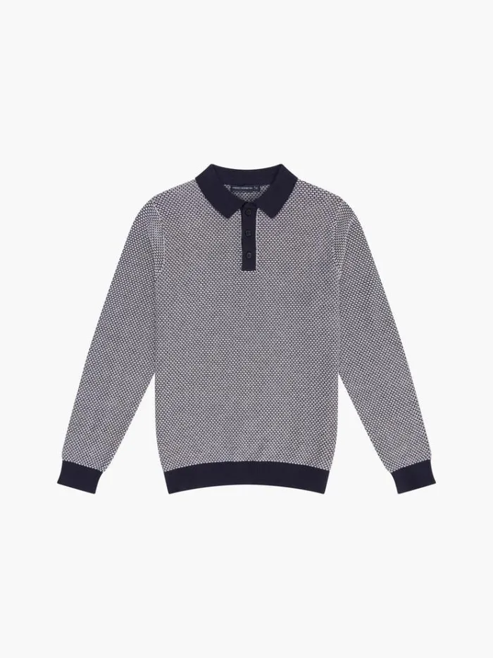 French Connection Knitwear Long Sleeve Jacquard Polo Shirt Marine 8211 Man