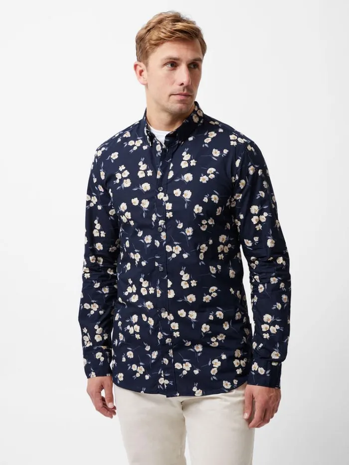 French Connection Shirts Large Floral Long Sleeve Shirt Marine 8211 Man