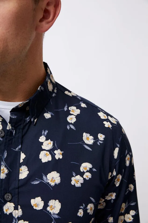 French Connection Shirts Large Floral Long Sleeve Shirt Marine 8211 Man