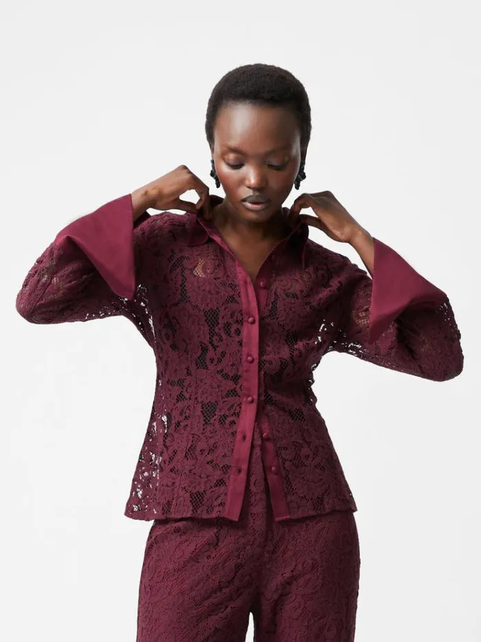 French Connection Tops Asura Lace Long Sleeve Shirt Burgundy Red 8211 Woman