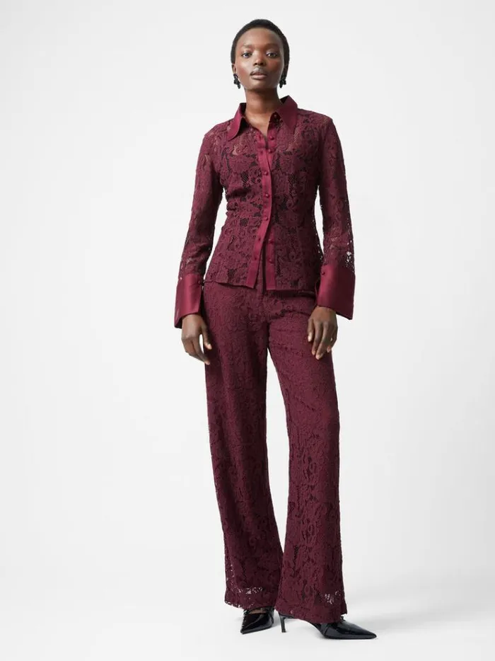French Connection Tops Asura Lace Long Sleeve Shirt Burgundy Red 8211 Woman