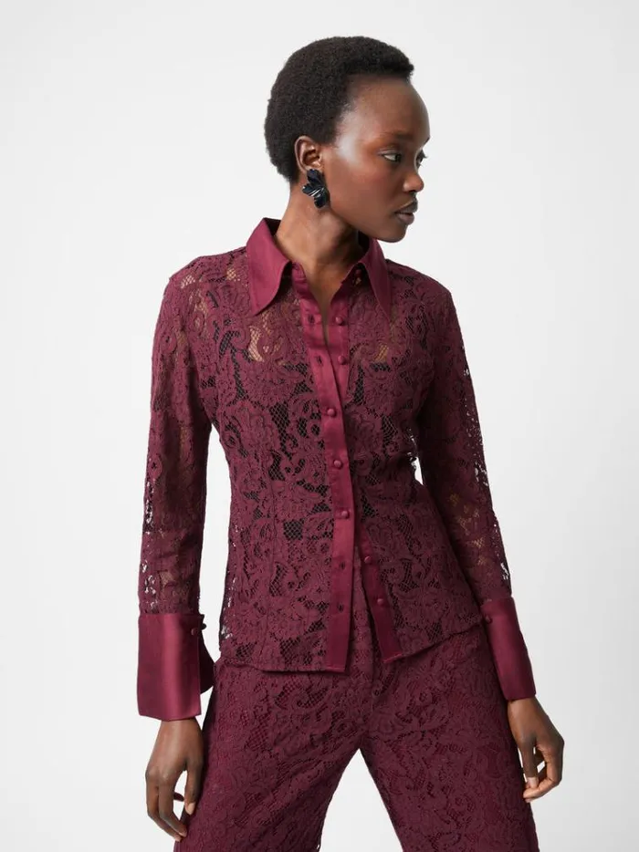 French Connection Tops Asura Lace Long Sleeve Shirt Burgundy Red 8211 Woman