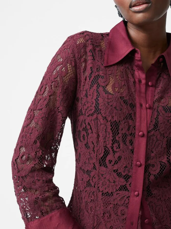 French Connection Tops Asura Lace Long Sleeve Shirt Burgundy Red 8211 Woman