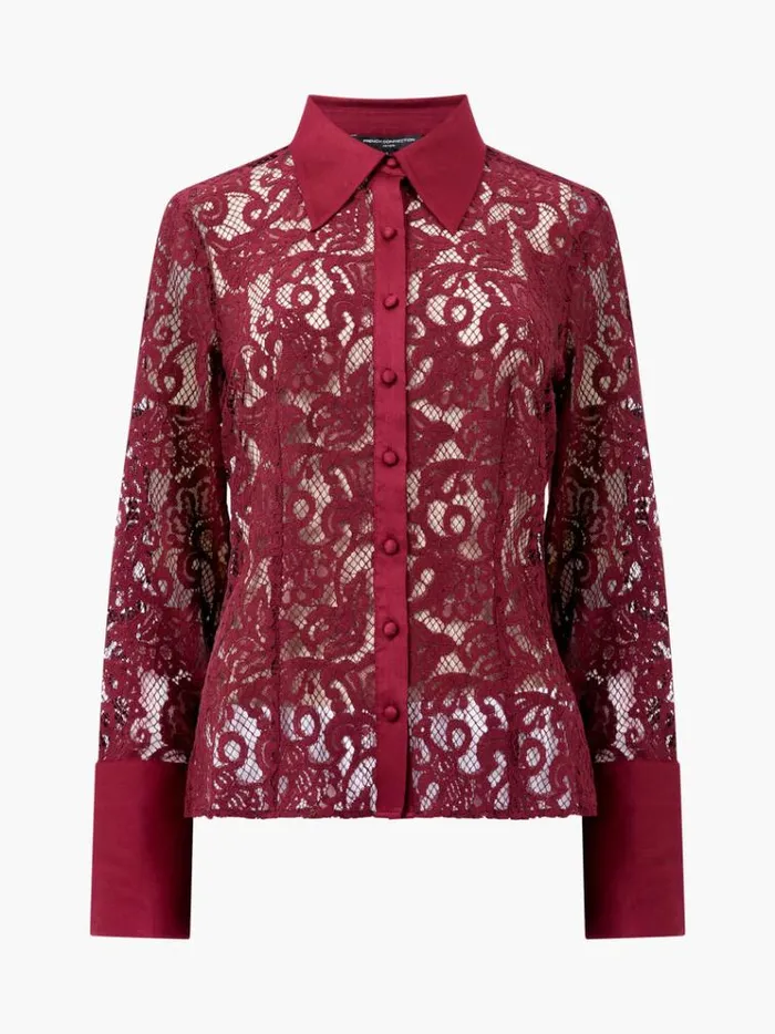 French Connection Tops Asura Lace Long Sleeve Shirt Burgundy Red 8211 Woman