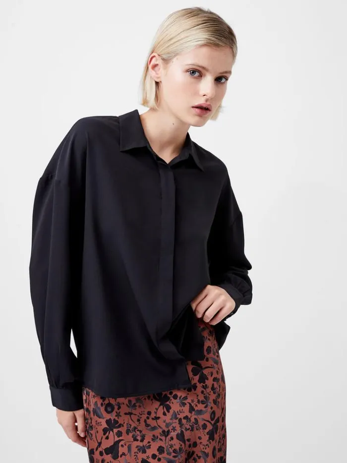 French Connection Tops Capriana Crepe Tie Back Shirt Blackout 8211 Woman