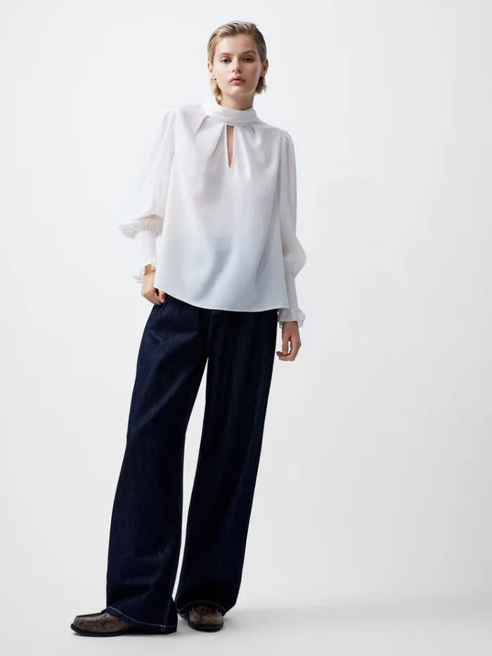 French Connection Tops Crepe Light High Neck Long Sleeve Top Porcelain Cream 8211 Woman
