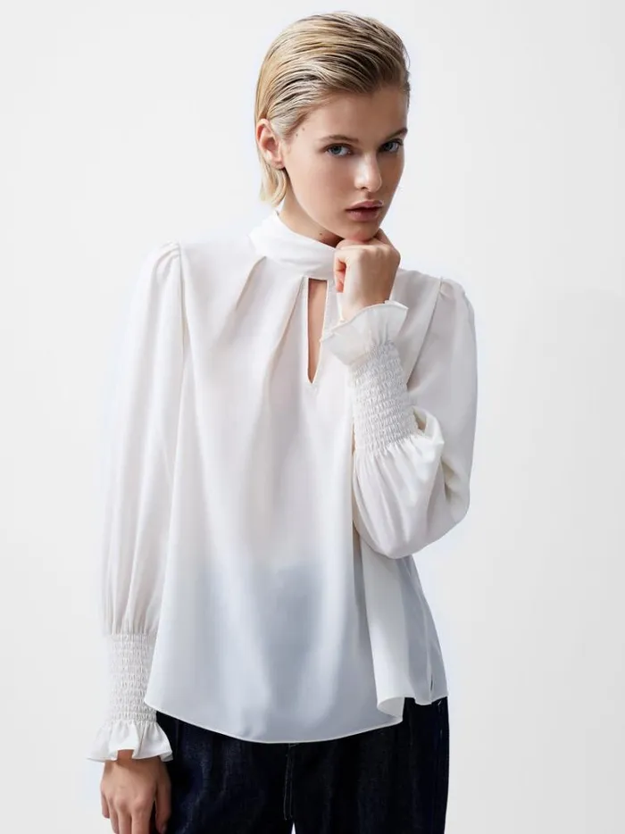 French Connection Tops Crepe Light High Neck Long Sleeve Top Porcelain Cream 8211 Woman