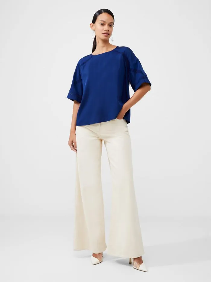 French Connection Tops Crepe Recycled Light Embroidered Top Blue Depths 8211 Woman