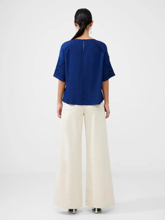 French Connection Tops Crepe Recycled Light Embroidered Top Blue Depths 8211 Woman