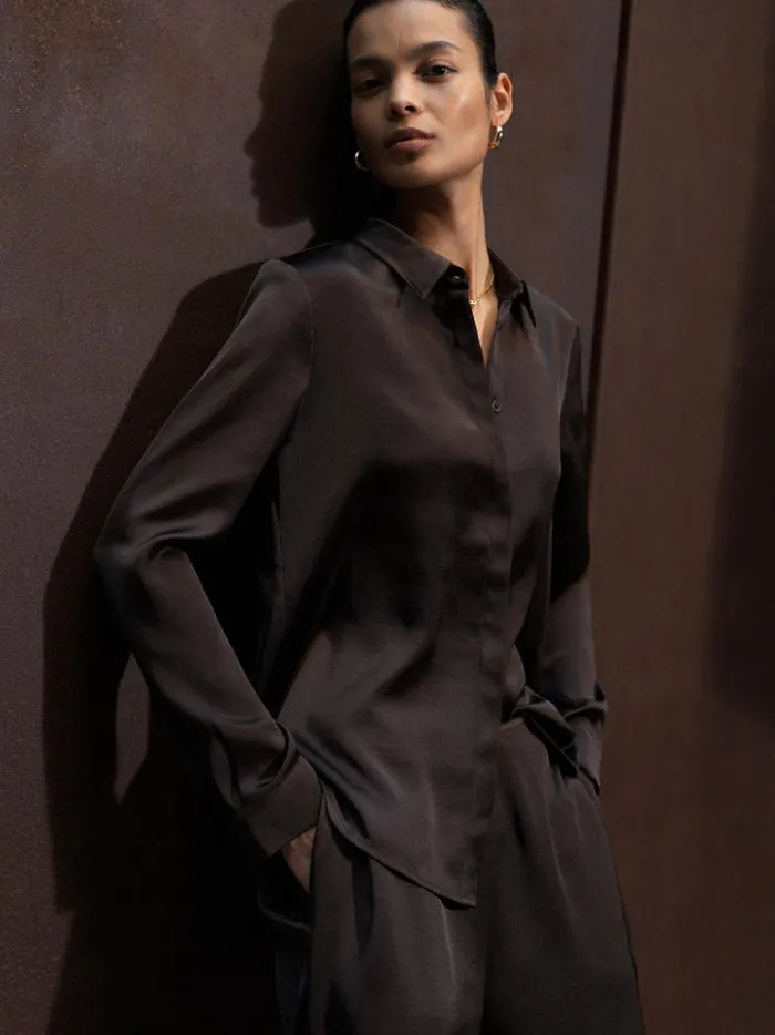 French Connection Tops Irina Satin Shirt Chocolate Ganache 8211 Woman