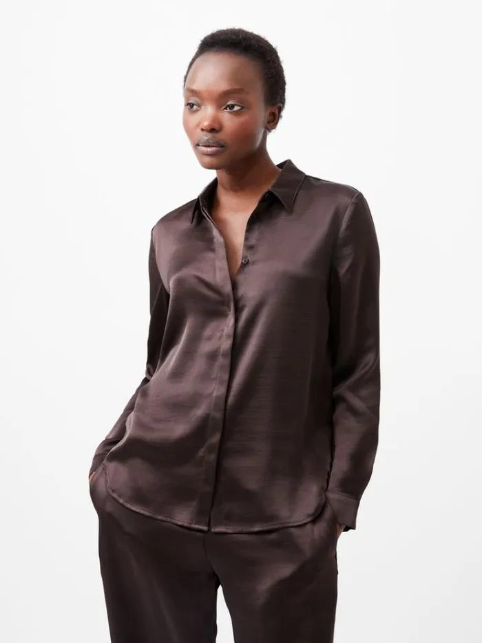 French Connection Tops Irina Satin Shirt Chocolate Ganache 8211 Woman