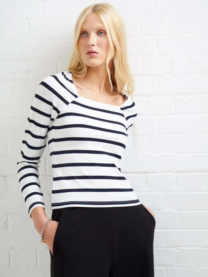 French Connection Tops Rallie Stripe Square Neck Long Sleeve Top Stripe Whitemarine 8211 Woman