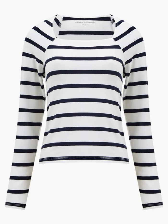 French Connection Tops Rallie Stripe Square Neck Long Sleeve Top Stripe Whitemarine 8211 Woman