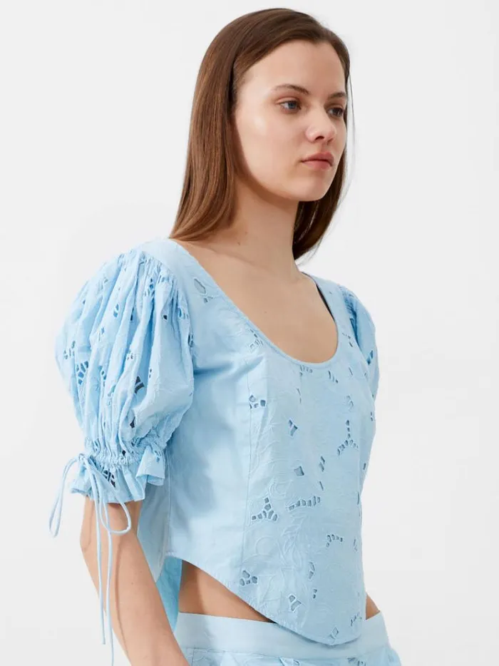 French Connection Tops Rhodes Cotton Embroidered Top Cashmere Blue 8211 Woman