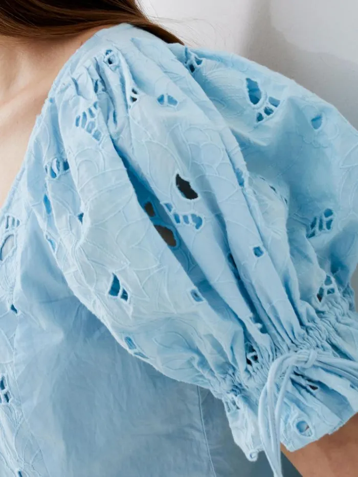 French Connection Tops Rhodes Cotton Embroidered Top Cashmere Blue 8211 Woman
