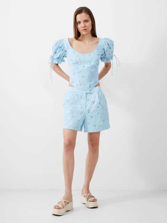 French Connection Tops Rhodes Cotton Embroidered Top Cashmere Blue 8211 Woman