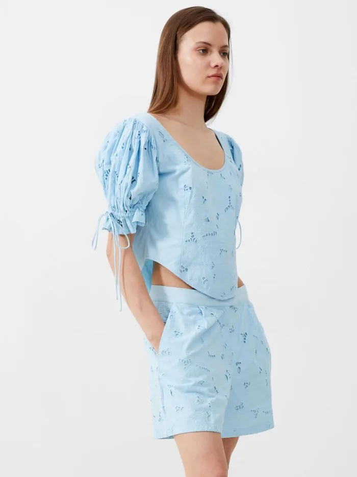 French Connection Tops Rhodes Cotton Embroidered Top Cashmere Blue 8211 Woman