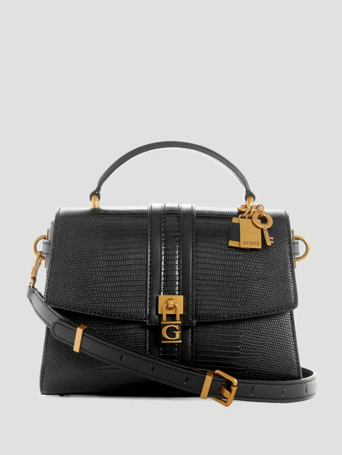 Ginevra Textured Top Handle Crossbody Black Floral Print Handbags GUESS Women