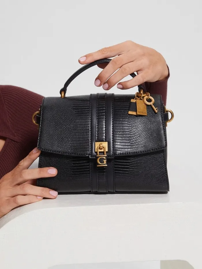 Ginevra Textured Top Handle Crossbody Black Floral Print Handbags GUESS Women
