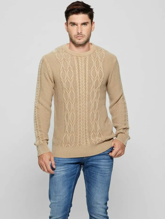 GUESS Andy Cable Acid Wash Sweater Travertine Sand Men Hoodies and Sweaters