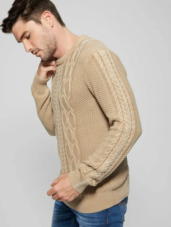 GUESS Andy Cable Acid Wash Sweater Travertine Sand Men Hoodies and Sweaters GUESS Andy Cable Acid Wash Sweater Travertine Sand Men Hoodies and Sweaters