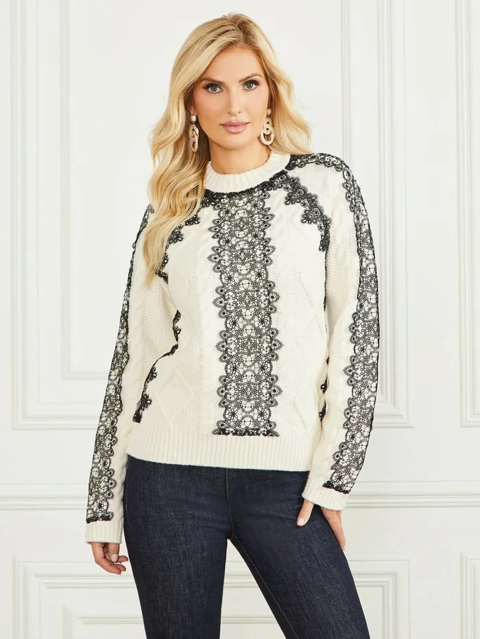 GUESS Aura Lace Sweater Top Pale Pearl Women Tops