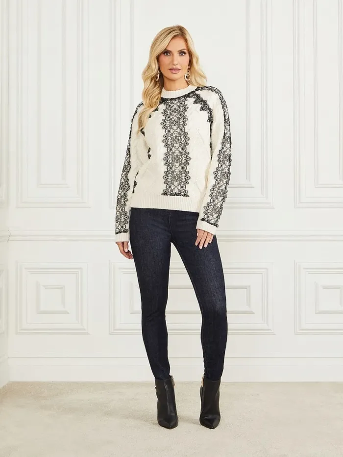 GUESS Aura Lace Sweater Top Pale Pearl Women Tops GUESS Aura Lace Sweater Top Pale Pearl Women Tops