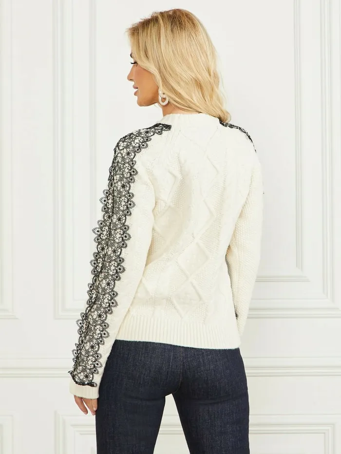 GUESS Aura Lace Sweater Top Pale Pearl Women Tops GUESS Aura Lace Sweater Top Pale Pearl Women Tops