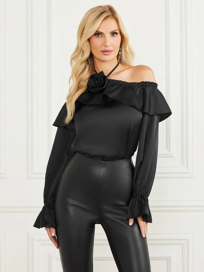 GUESS Dixie Satin Blouse Black Women Tops
