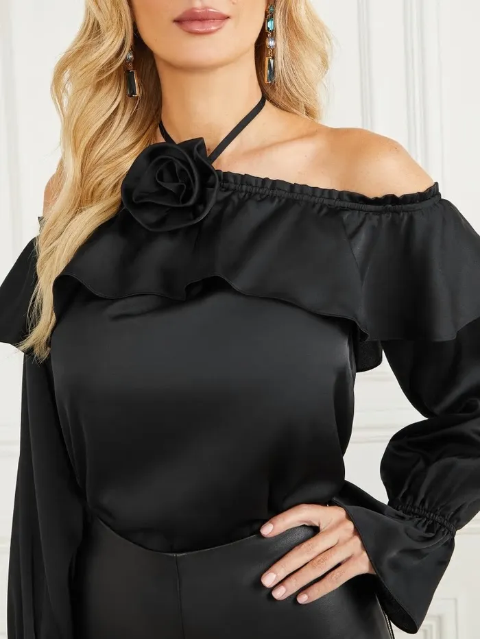GUESS Dixie Satin Blouse Black Women Tops GUESS Dixie Satin Blouse Black Women Tops