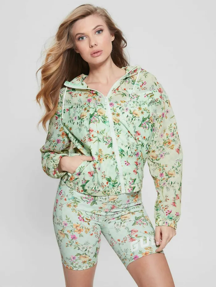 GUESS Eco Davina Floral Nylon Windbreaker Acqua Field Flower Women Activewear