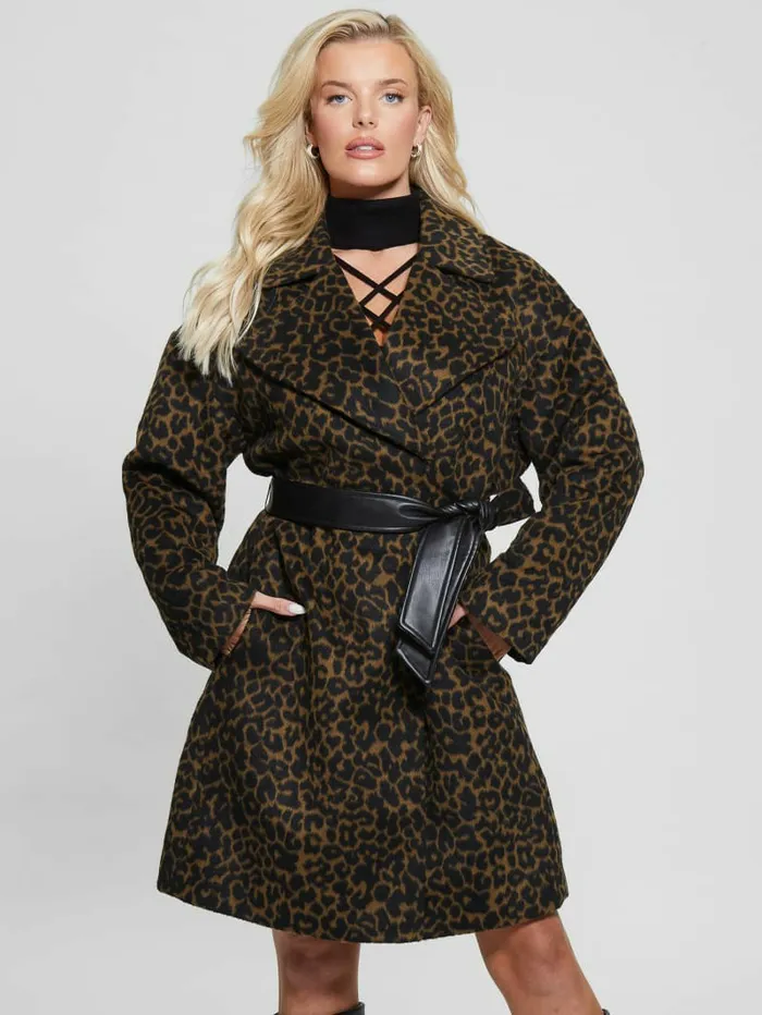 GUESS Eco Patrizia Belted Coat Leopard Brown Women Jackets and Coats