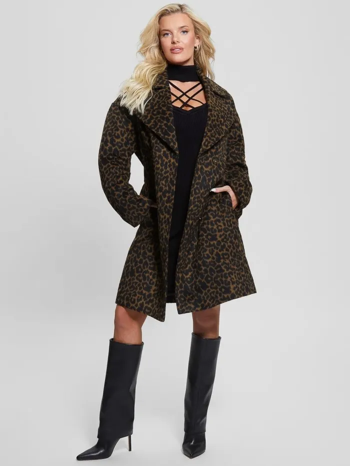 GUESS Eco Patrizia Belted Coat Leopard Brown Women Jackets and Coats GUESS Eco Patrizia Belted Coat Leopard Brown Women Jackets and Coats