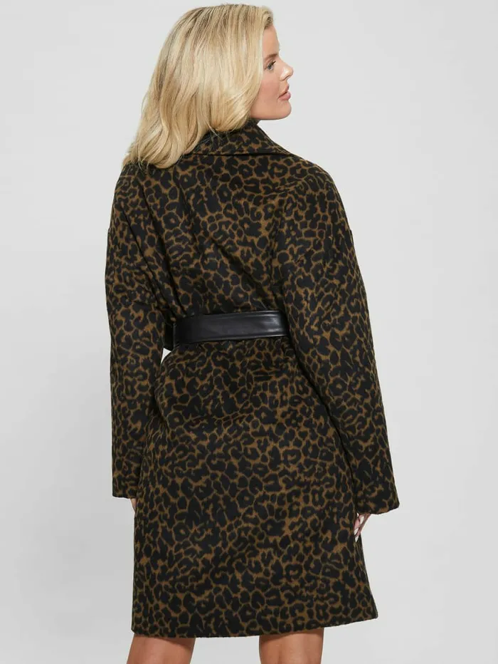 GUESS Eco Patrizia Belted Coat Leopard Brown Women Jackets and Coats GUESS Eco Patrizia Belted Coat Leopard Brown Women Jackets and Coats