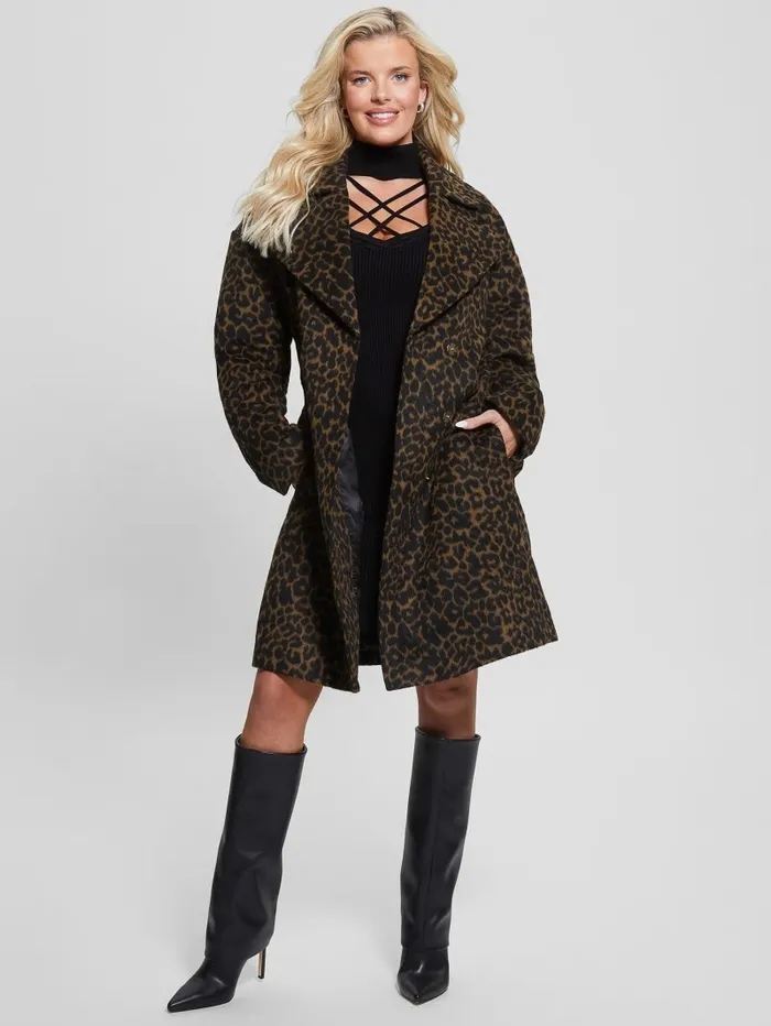 GUESS Eco Patrizia Belted Coat Leopard Brown Women Jackets and Coats GUESS Eco Patrizia Belted Coat Leopard Brown Women Jackets and Coats