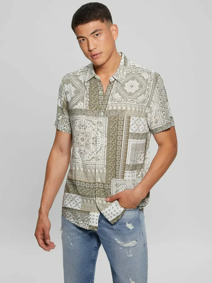 GUESS Eco Rayon Patchwork Shirt Patchwork Tile Green Men Shirts