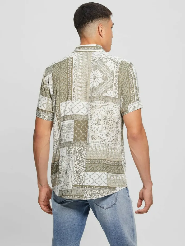 GUESS Eco Rayon Patchwork Shirt Patchwork Tile Green Men Shirts GUESS Eco Rayon Patchwork Shirt Patchwork Tile Green Men Shirts