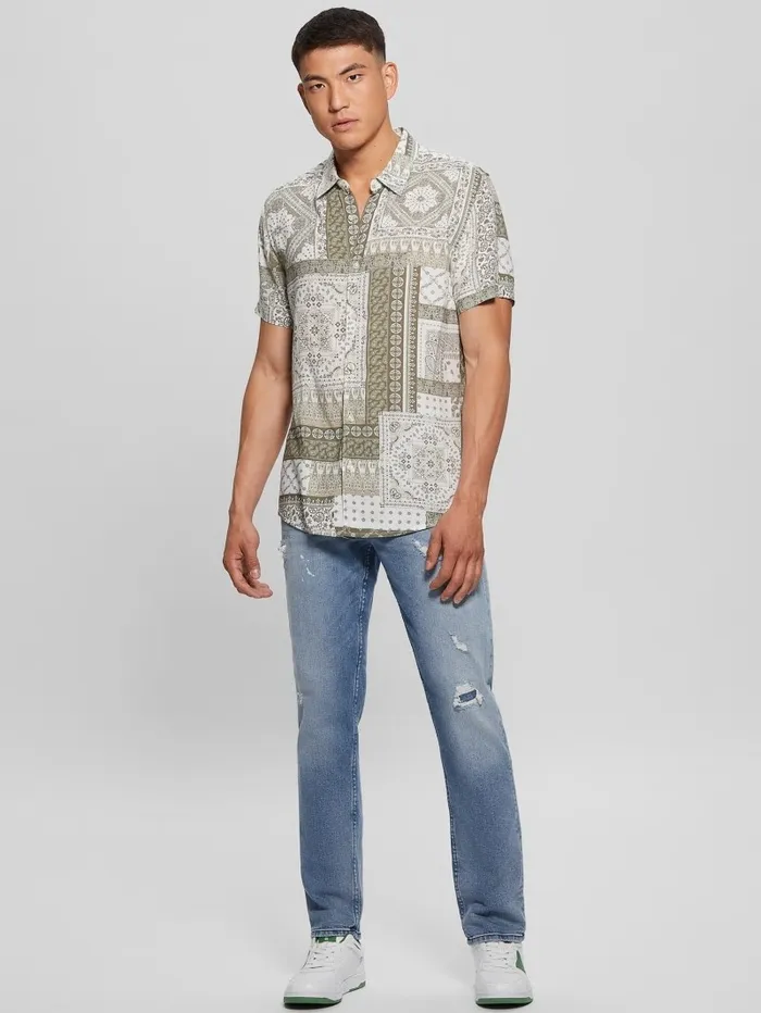GUESS Eco Rayon Patchwork Shirt Patchwork Tile Green Men Shirts GUESS Eco Rayon Patchwork Shirt Patchwork Tile Green Men Shirts
