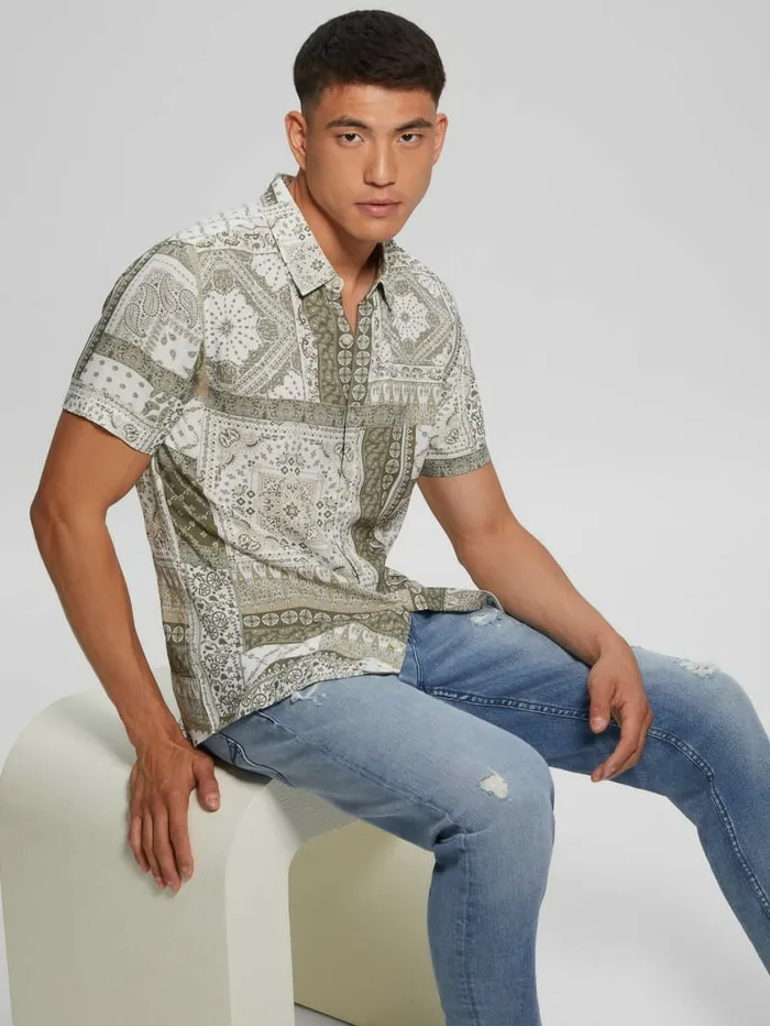 GUESS Eco Rayon Patchwork Shirt Patchwork Tile Green Men Shirts GUESS Eco Rayon Patchwork Shirt Patchwork Tile Green Men Shirts