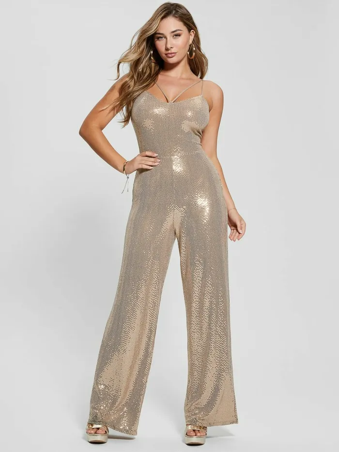 GUESS Fiarra Disco Jumpsuit Gold Multi Women Dresses and Jumpsuits