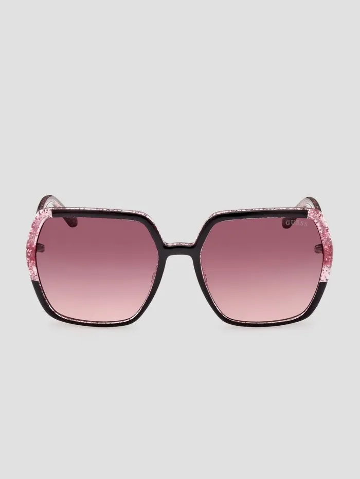 GUESS Glitter Square Plastic Sunglasses Black Women Sunglasses