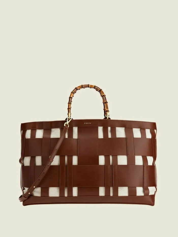 GUESS Handbags Women Aida Woven Leather Maxi Satchel Cognac