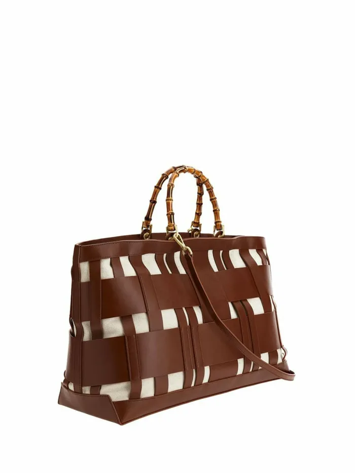 GUESS Handbags Women Aida Woven Leather Maxi Satchel Cognac GUESS Handbags Women Aida Woven Leather Maxi Satchel Cognac